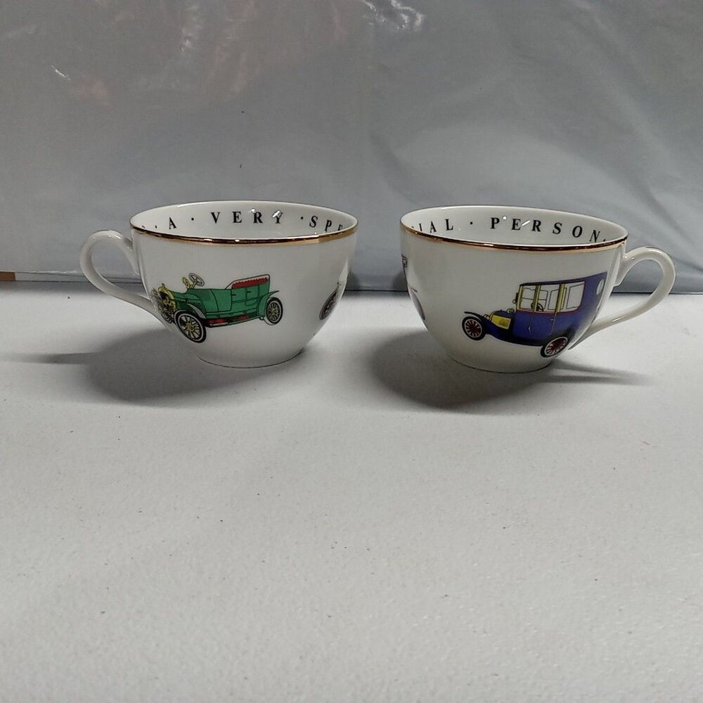 2 Vintage Princess House Porcelain Cup: Classic Car Design, Gold Trim